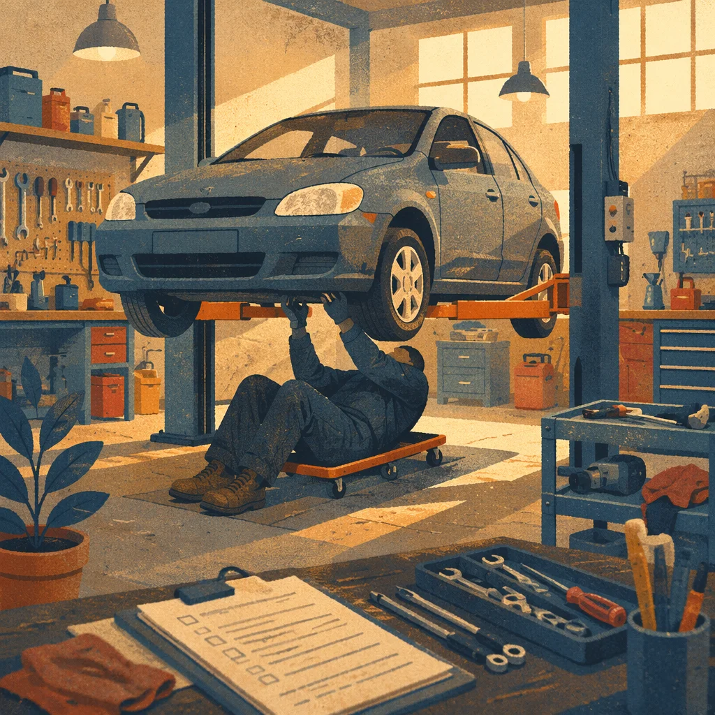 Mechanic Working Beneath Car in Repair Shop