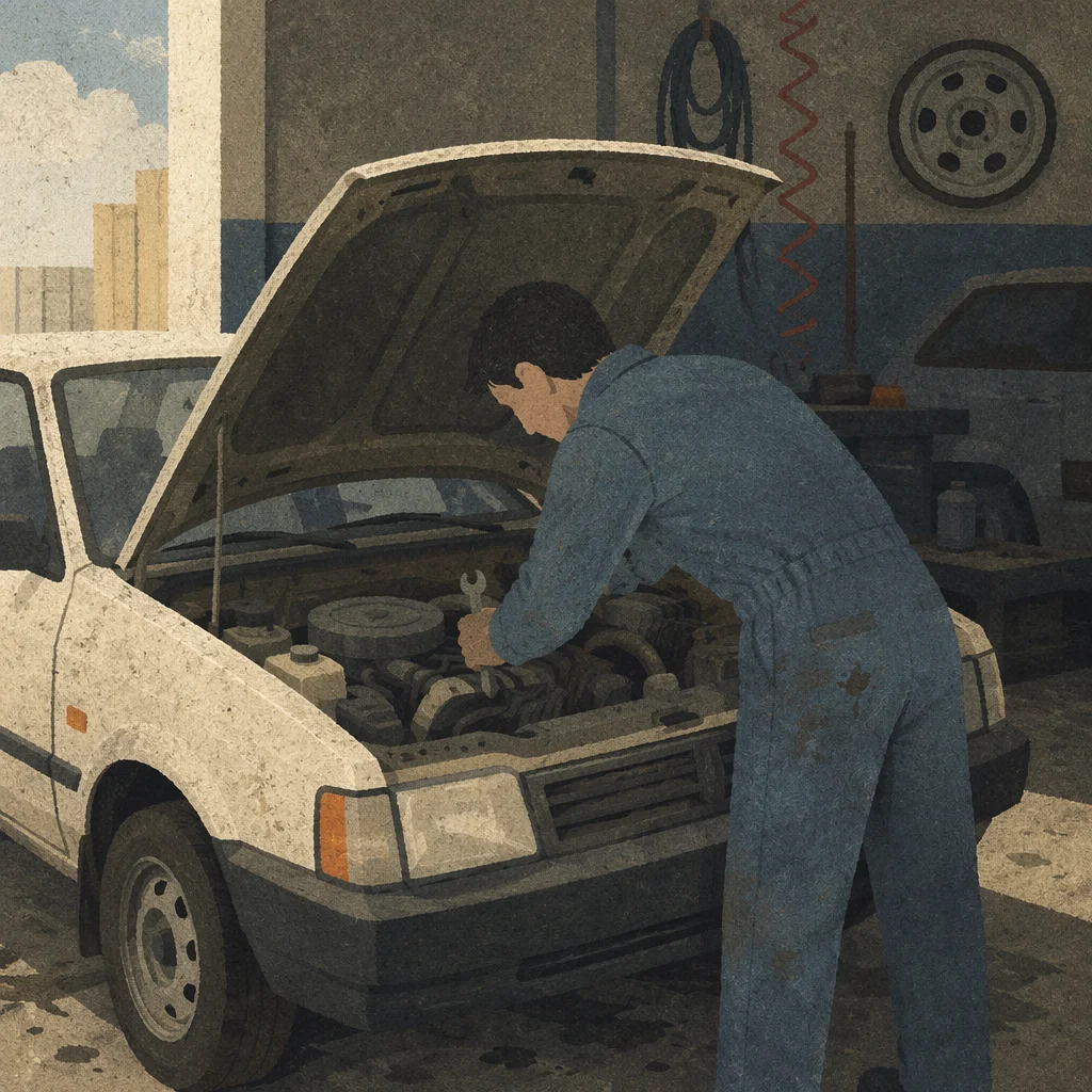 Mechanic Repairing Car in Gritty Garage