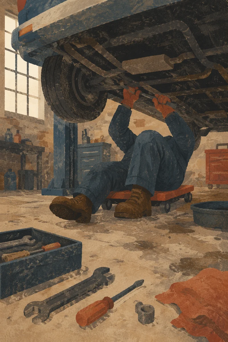 Mechanic Working Under Car in Workshop