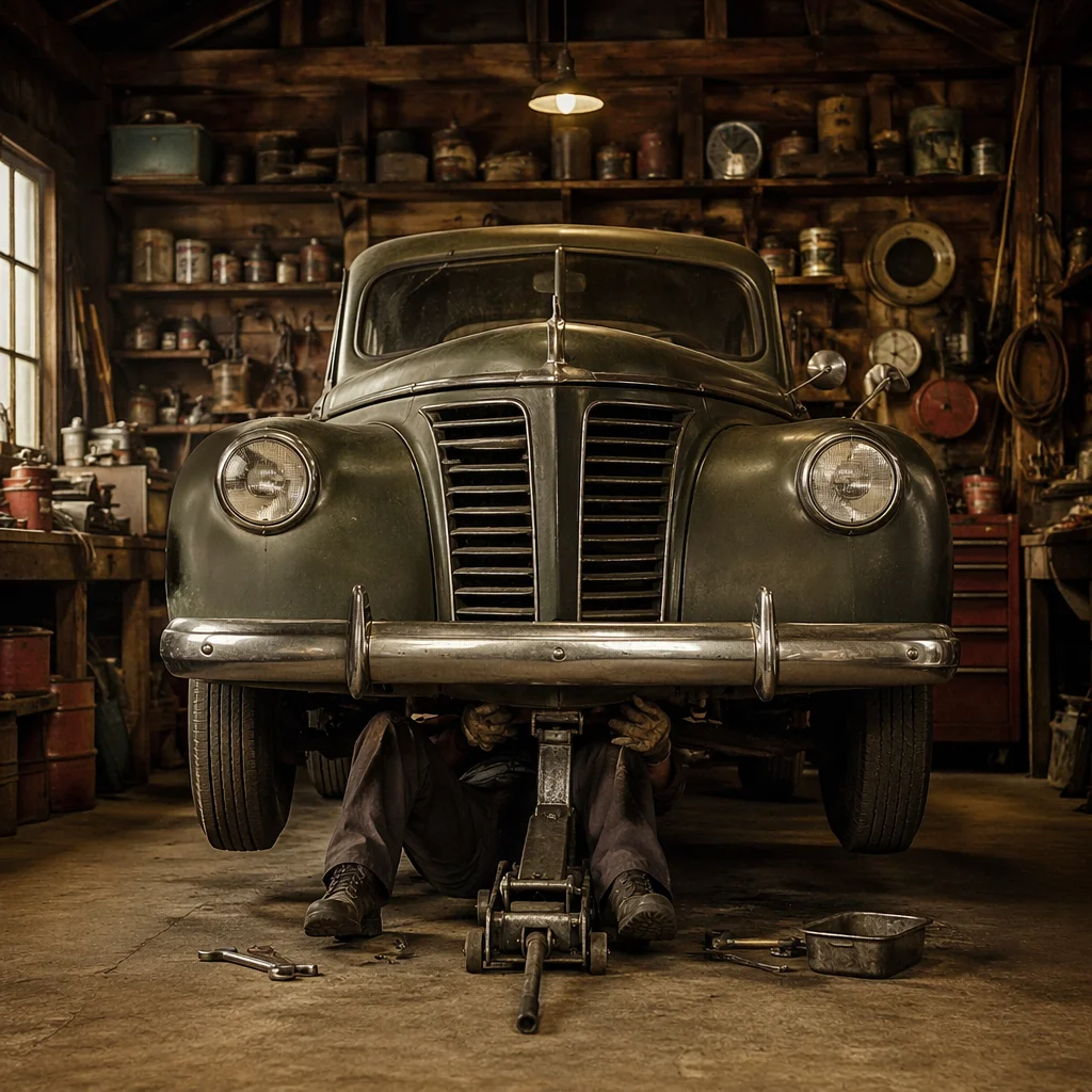Mechanic Repairing Classic Car in Vintage Garage