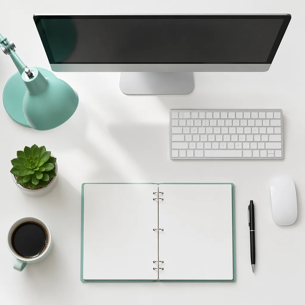 Minimalist Business Desk With Plant and Coffee