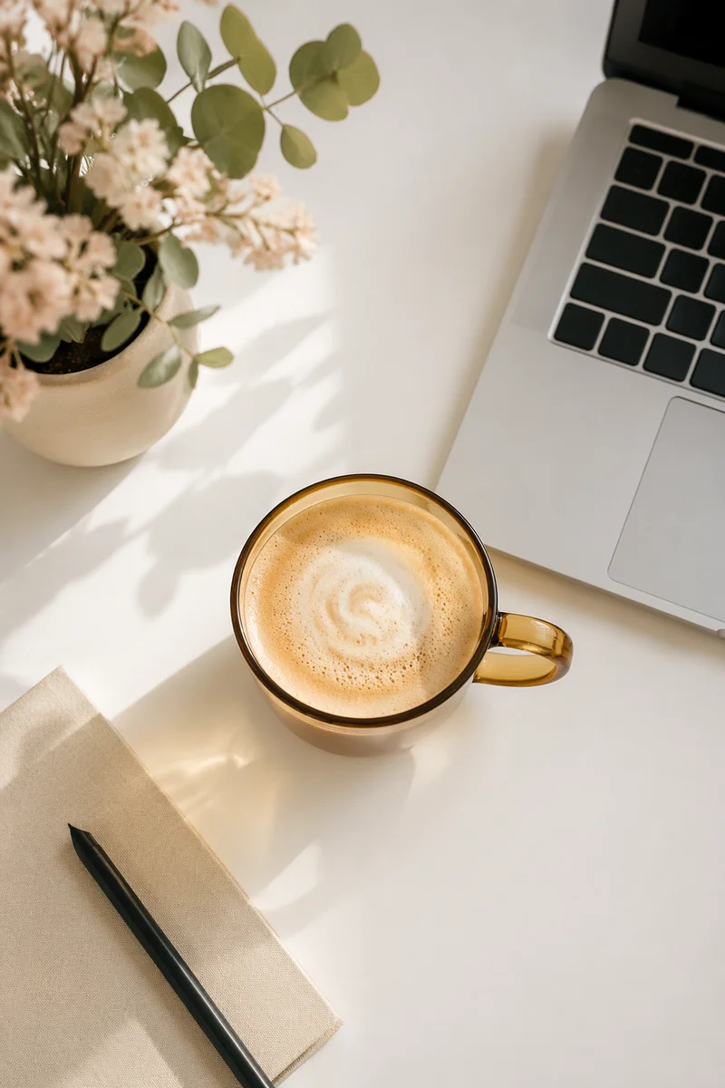 Minimalist Business Desk with Coffee and Plant
