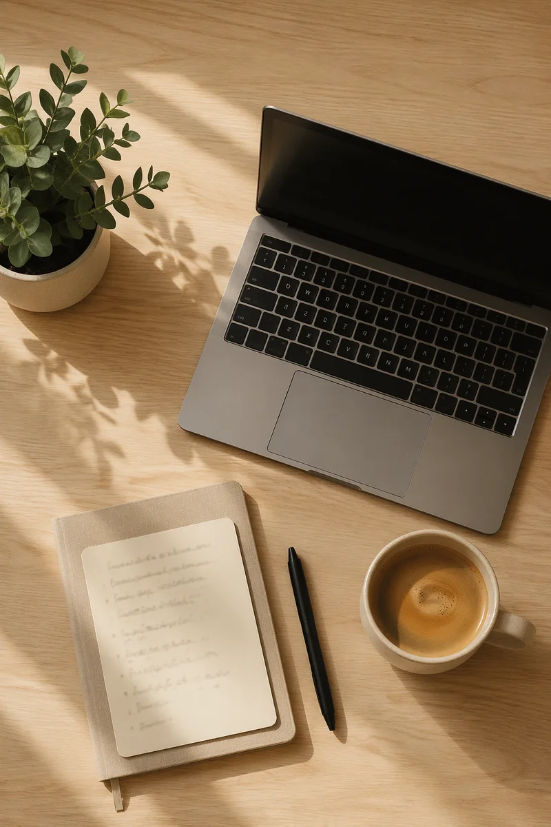 Minimalist Desk Setup with Plant and Coffee