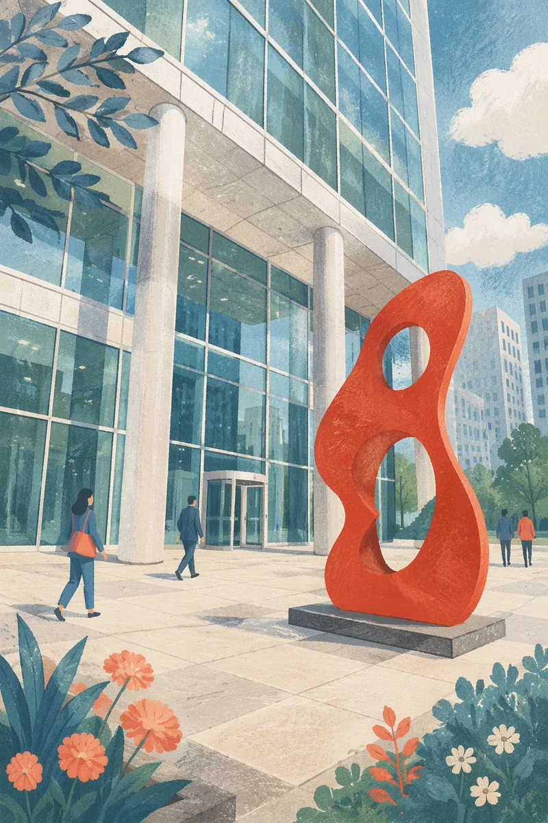 Modern Glass Office Plaza With Red Sculpture