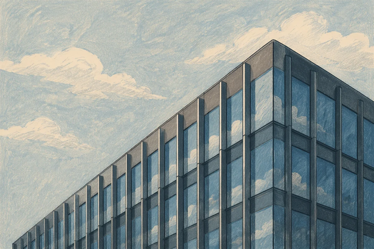 Modern Glass Office Facade Under Pale Sky