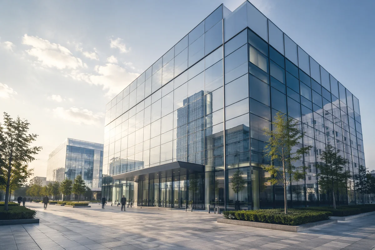 Modern Glass Office Building at Sunrise