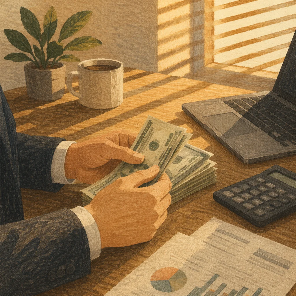 Counting Cash on a Modern Office Desk