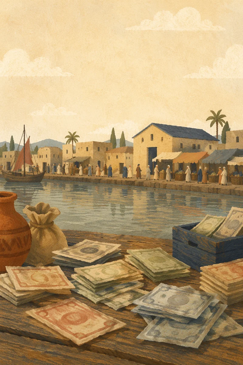 Currency on Weathered Waterfront Market Table
