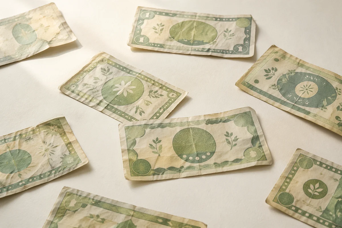 Scattered Green Currency on White Tabletop