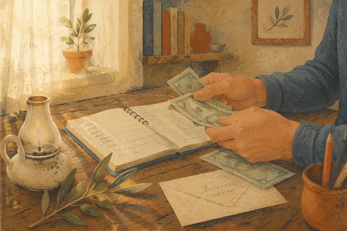 Stewardship Hands Organizing Bills on Oak Desk