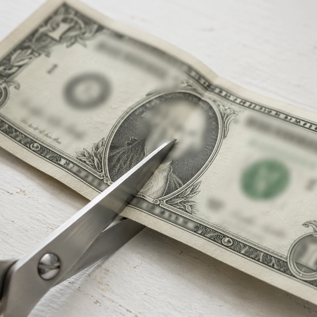 Scissors Cutting Dollar Bill Close Up
