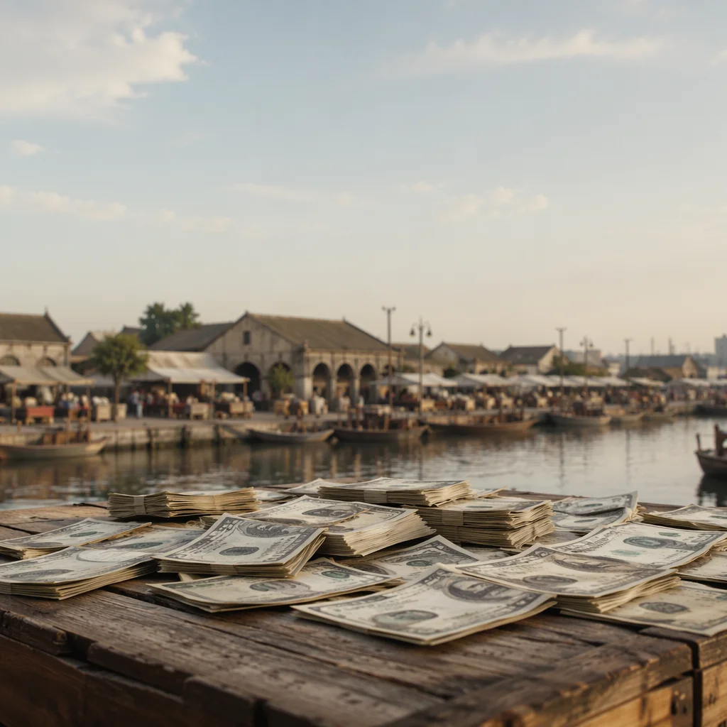 Dollar Bills on Historic Waterfront Market Table