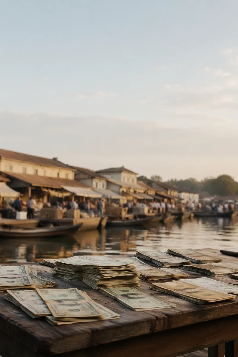 Currency Stacks on Historic Waterfront Market Table