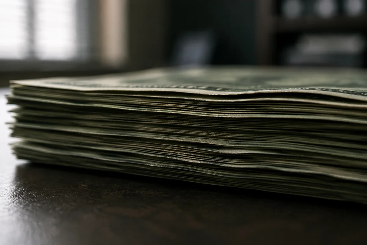 Macro Stack of Dollar Bills on Desk
