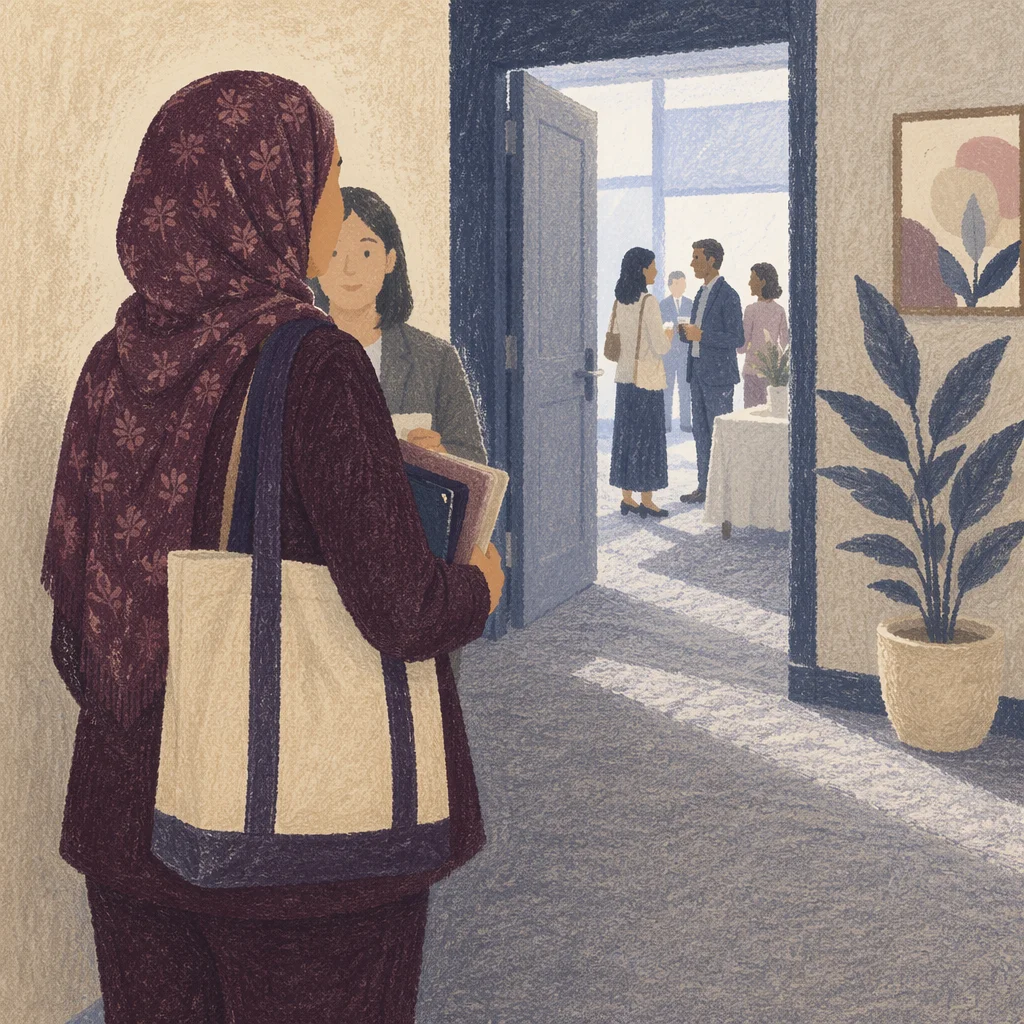 Professional Networking Hallway with Plum Headscarf