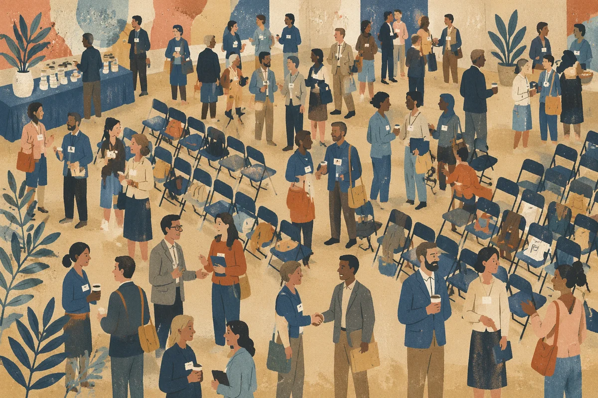 High-Angle Professional Networking Conference Gathering