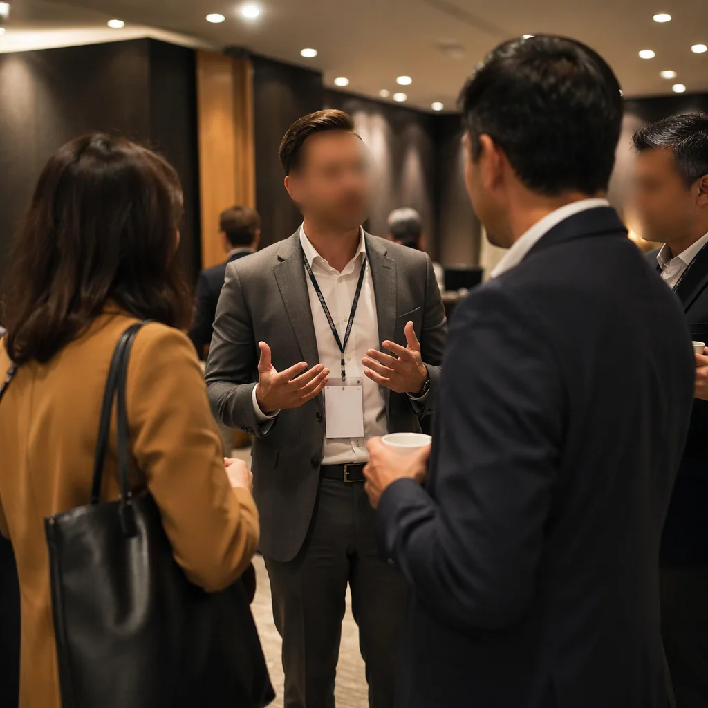 Professional Networking Conversation in Modern Conference Room