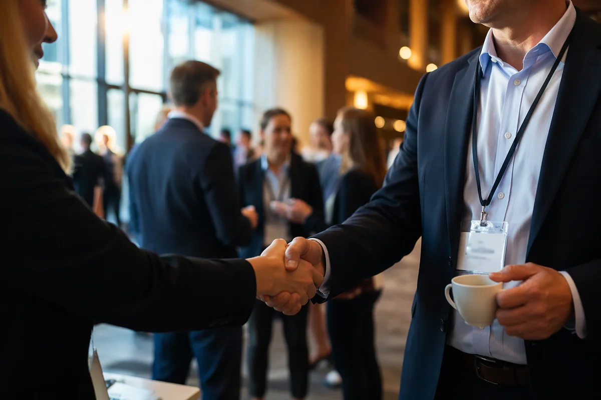 Professional Networking Handshake at Business Conference