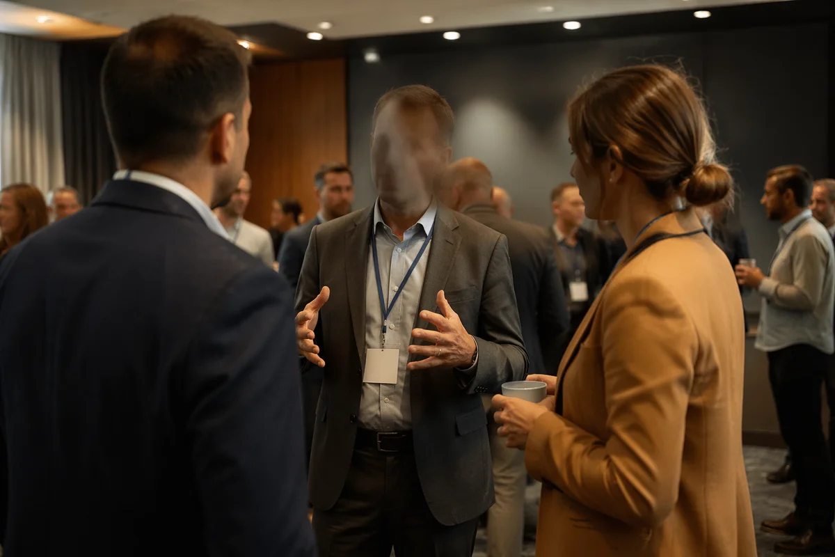 Professional Networking Conversation in Modern Conference Room