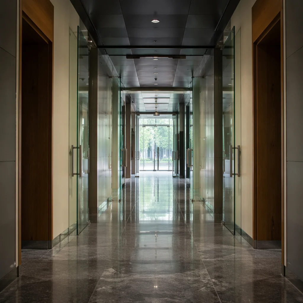 Modern Office Corridor With Glass Doors
