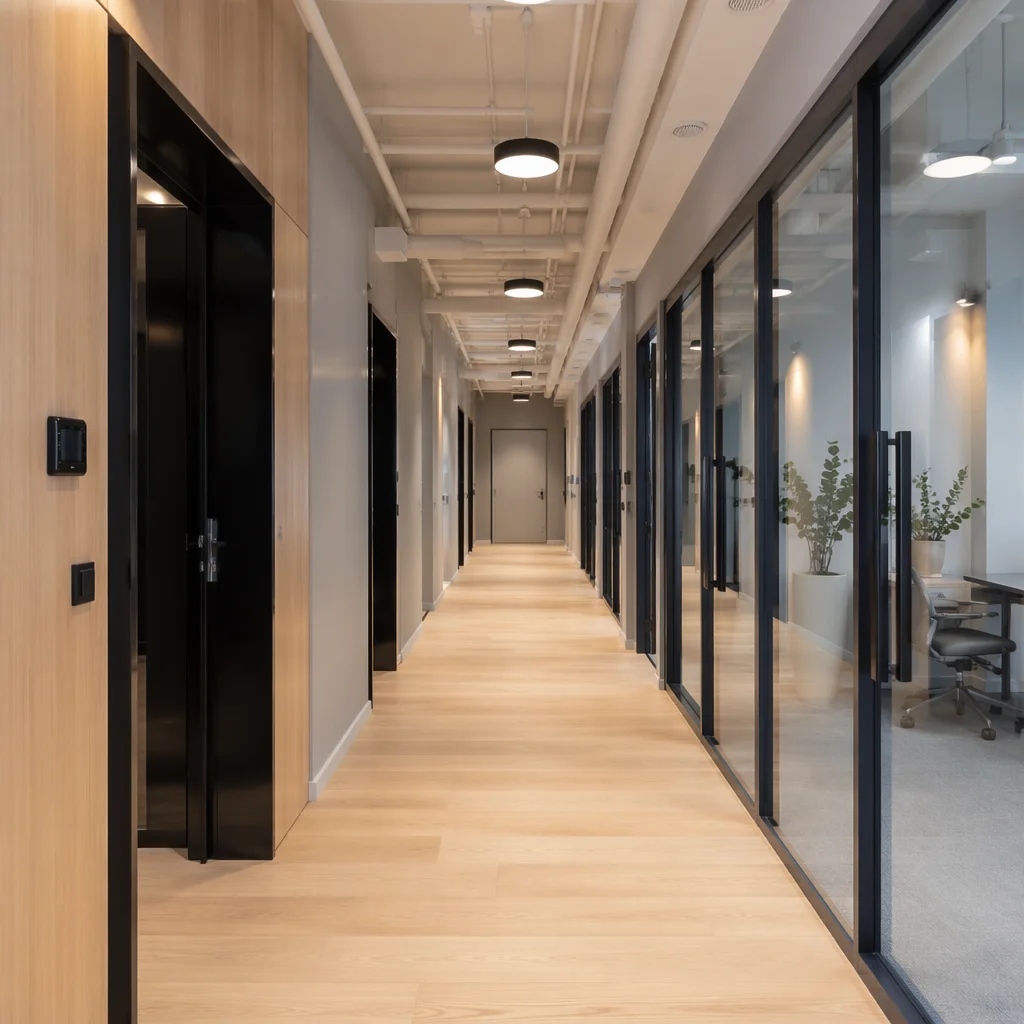 Modern Office Corridor With Glass Doors