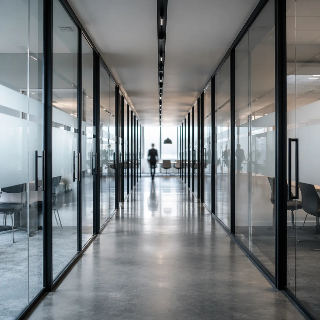 Modern Office Corridor with Glass Doors