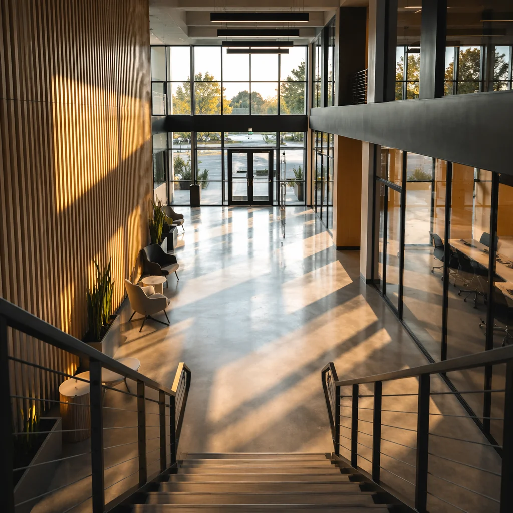 Modern Office Corridor with Glass Doors