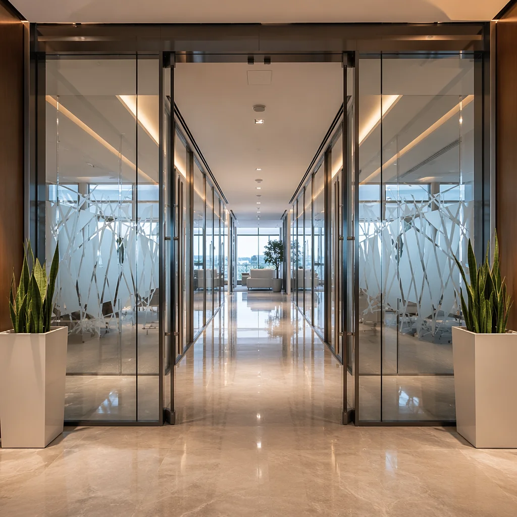 Modern Glass Office Corridor Perspective