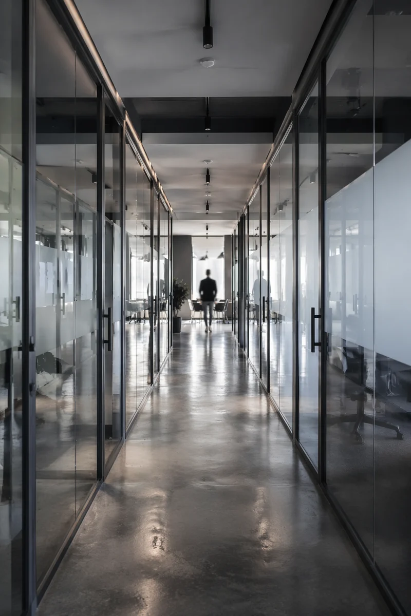 Modern Office Corridor with Glass Doors