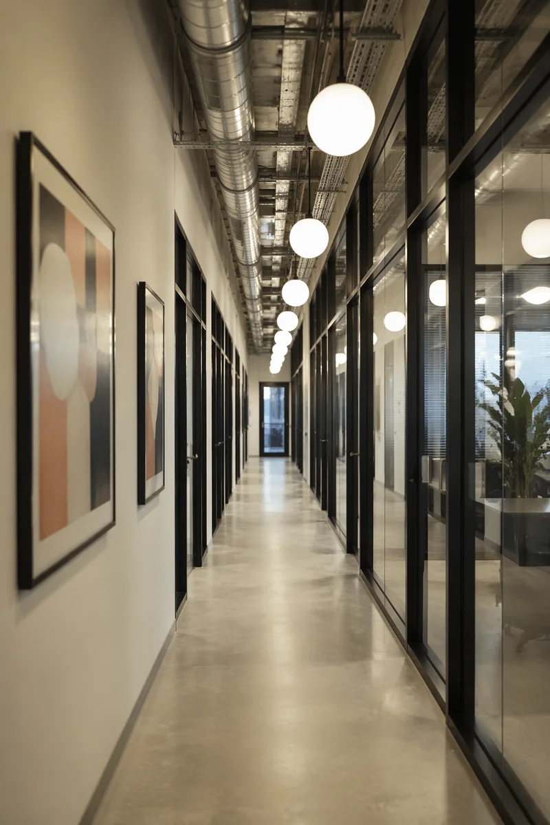 Modern Office Corridor with Glass Doors