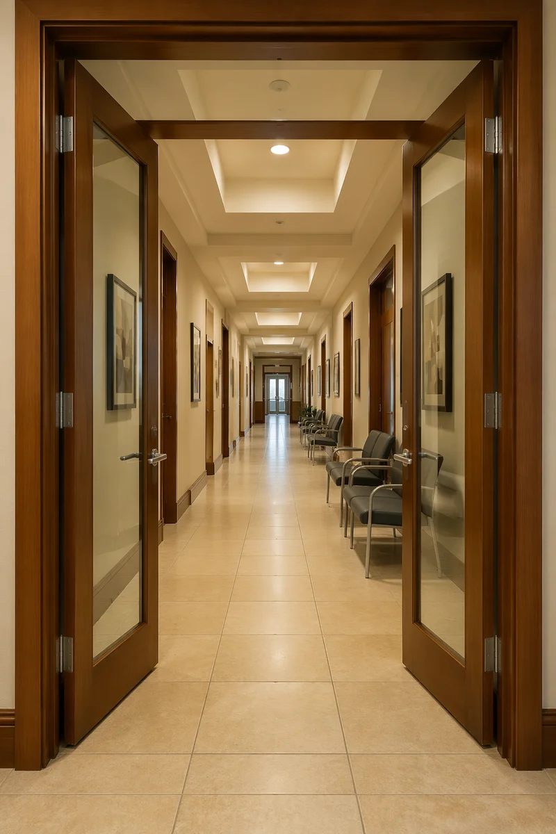 Professional Office Corridor Through Glass Doors