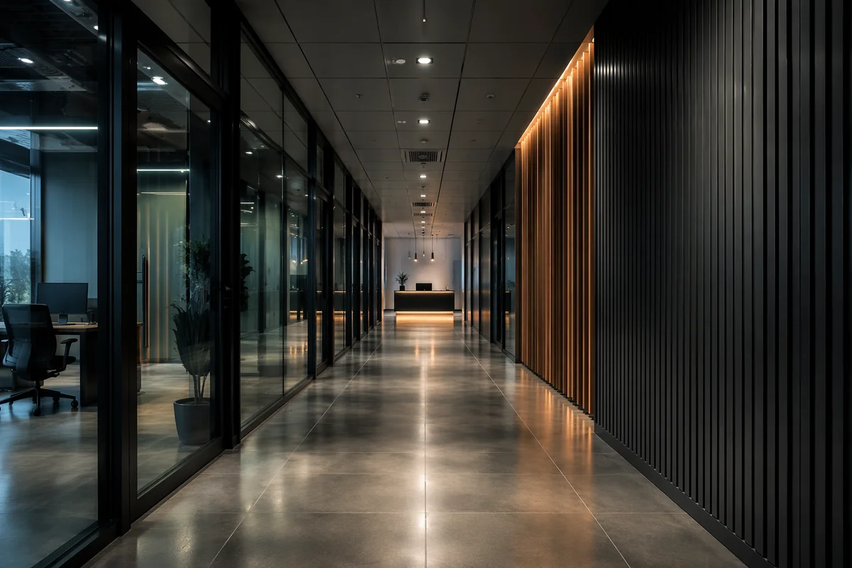 Modern Glass Office Corridor Perspective