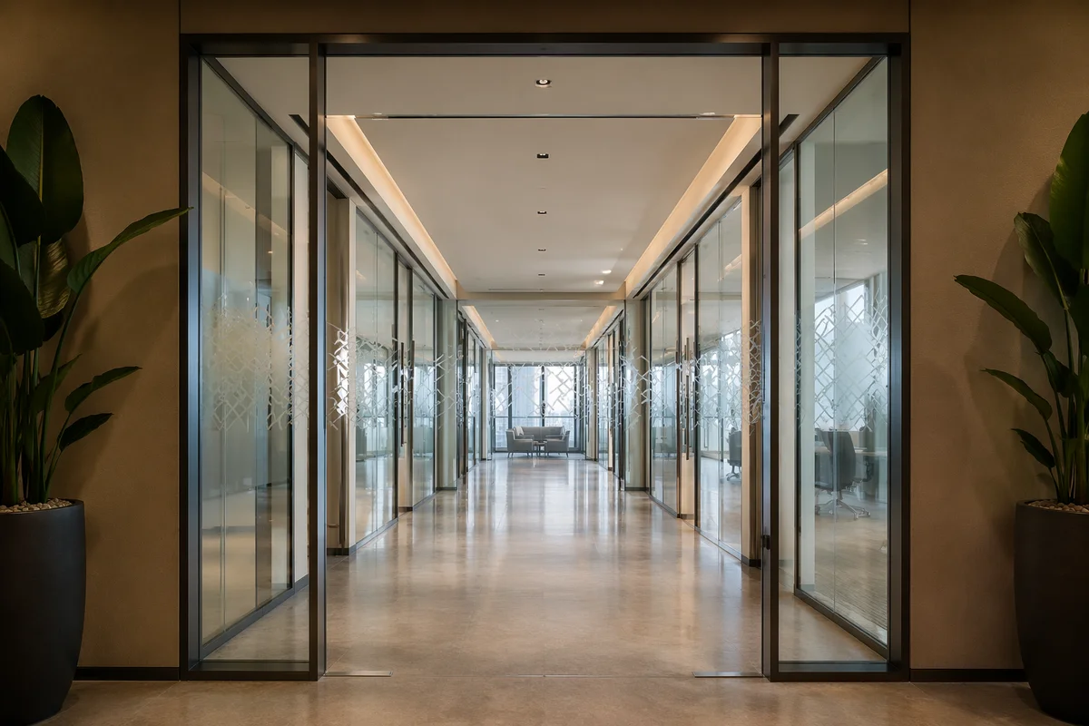 Modern Glass Office Corridor Perspective