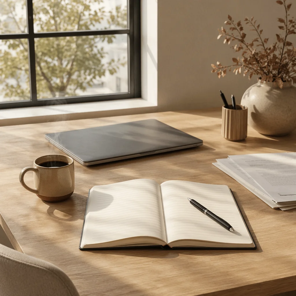 Organized Office Desk with Notebook and Coffee
