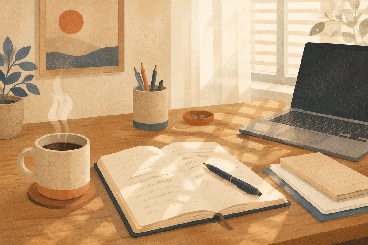 Organized Office Desk with Notebook and Coffee