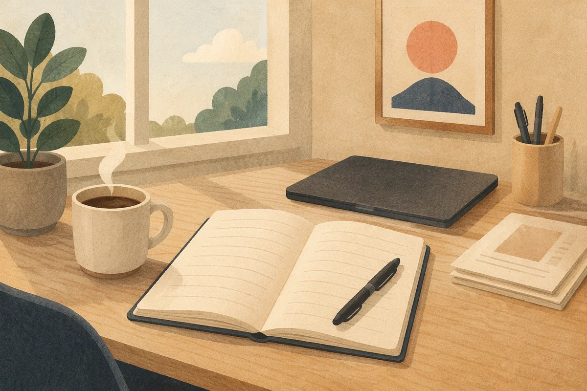 Organized Office Desk with Notebook and Coffee