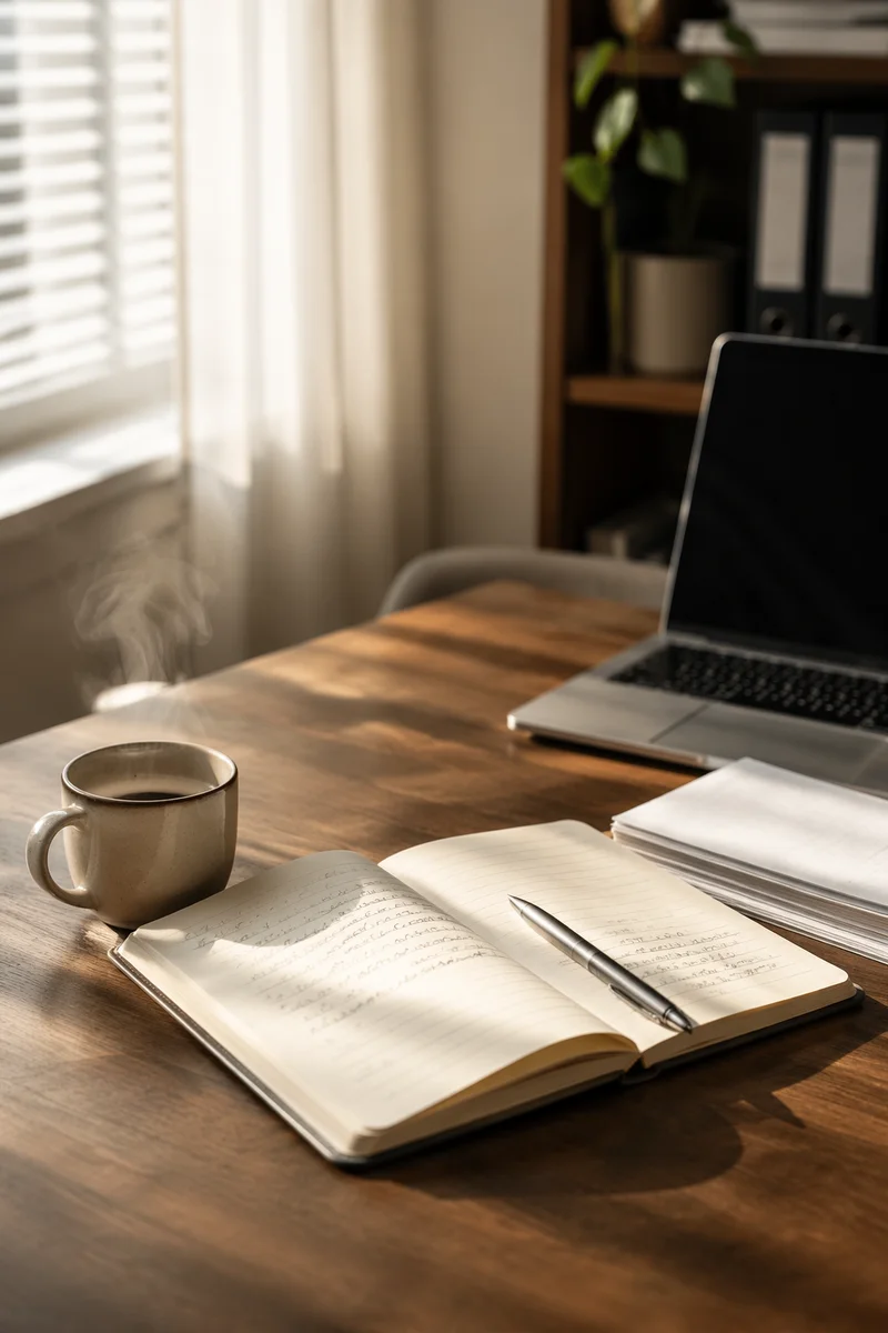 Organized Office Desk with Notebook and Coffee