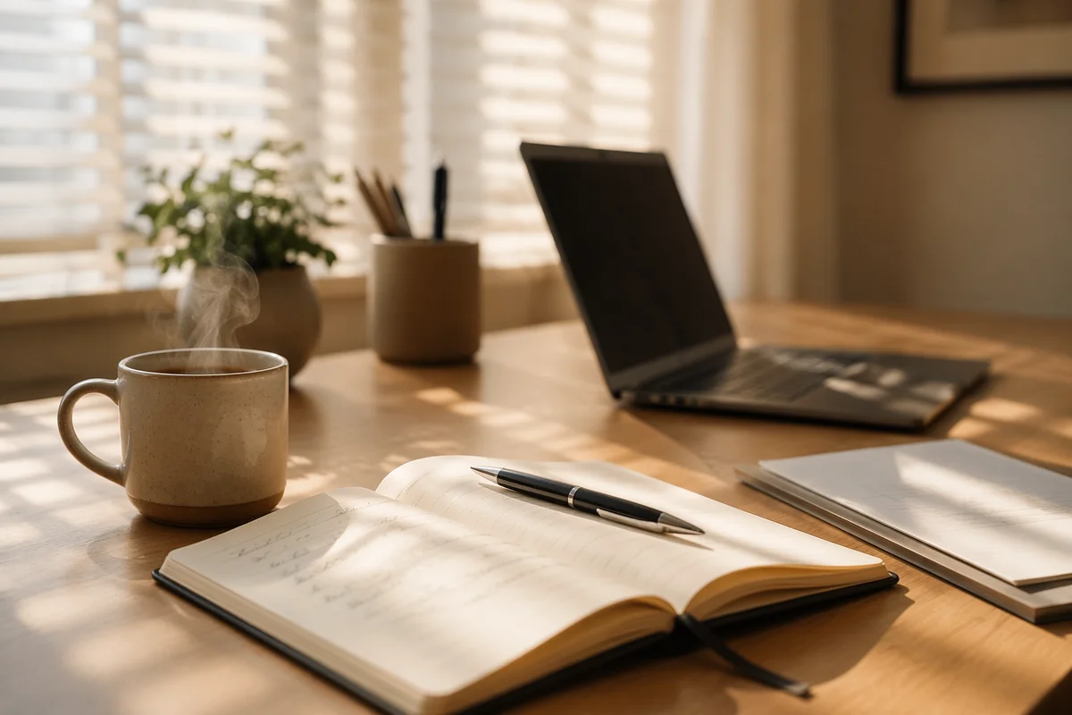 Organized Office Desk with Notebook and Coffee