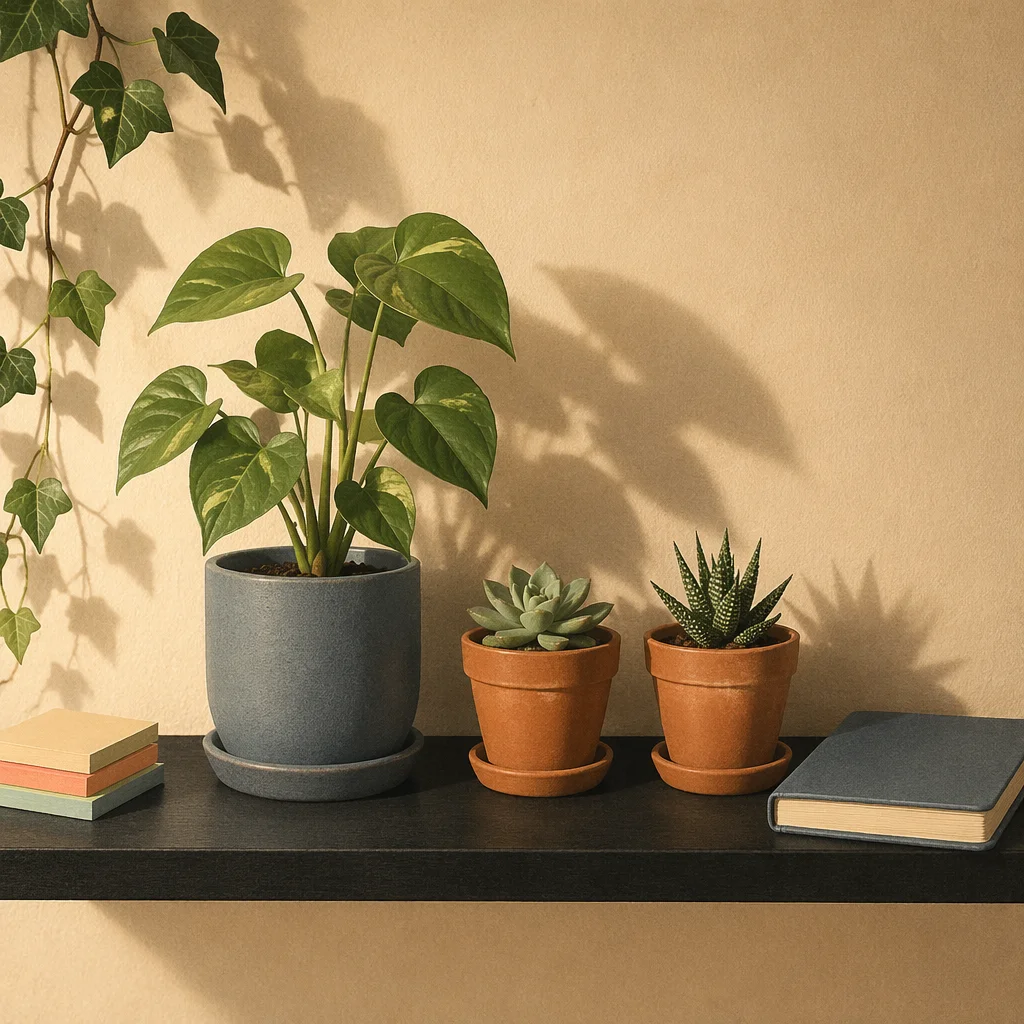 Warm Office Plants on Minimal Shelf