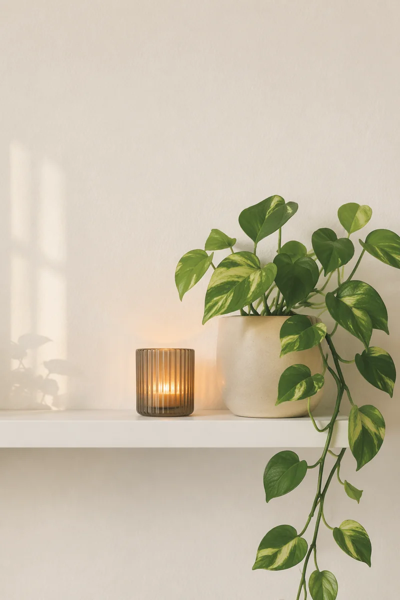 Warm Office Shelf With Cascading Green Plant