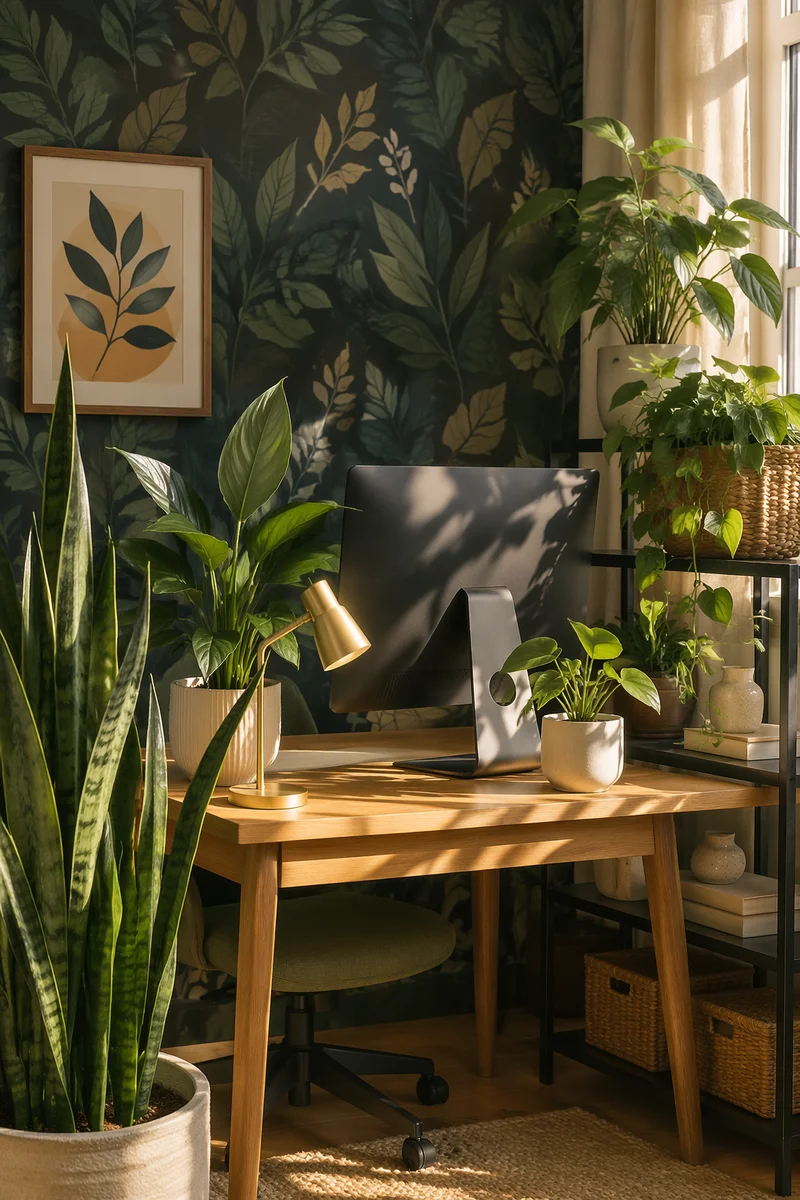 Warm Plant Filled Home Office Shelf