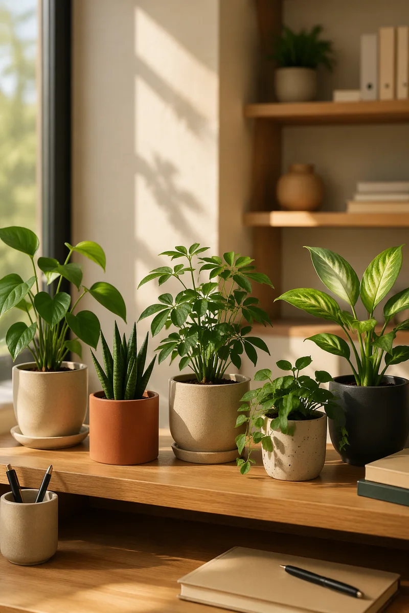 Warm Sunlit Office Plants on Wooden Shelf