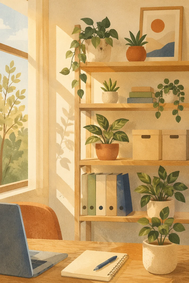 Warm Natural Light Office Plants Shelf