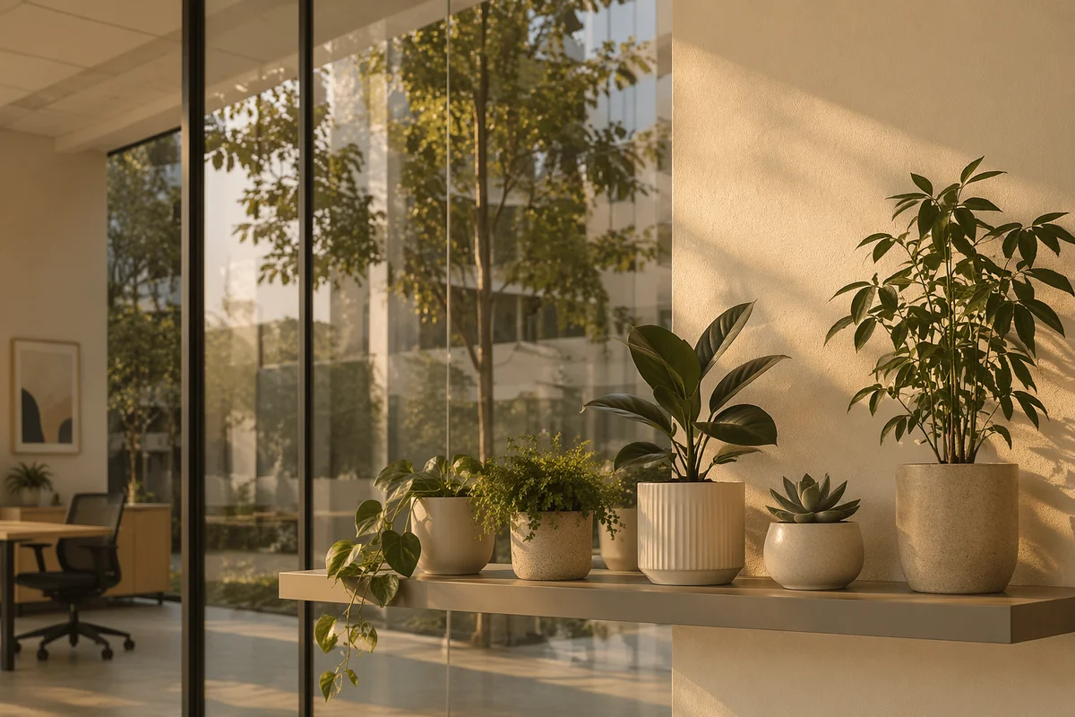 Warm Office Shelf with Indoor Plants