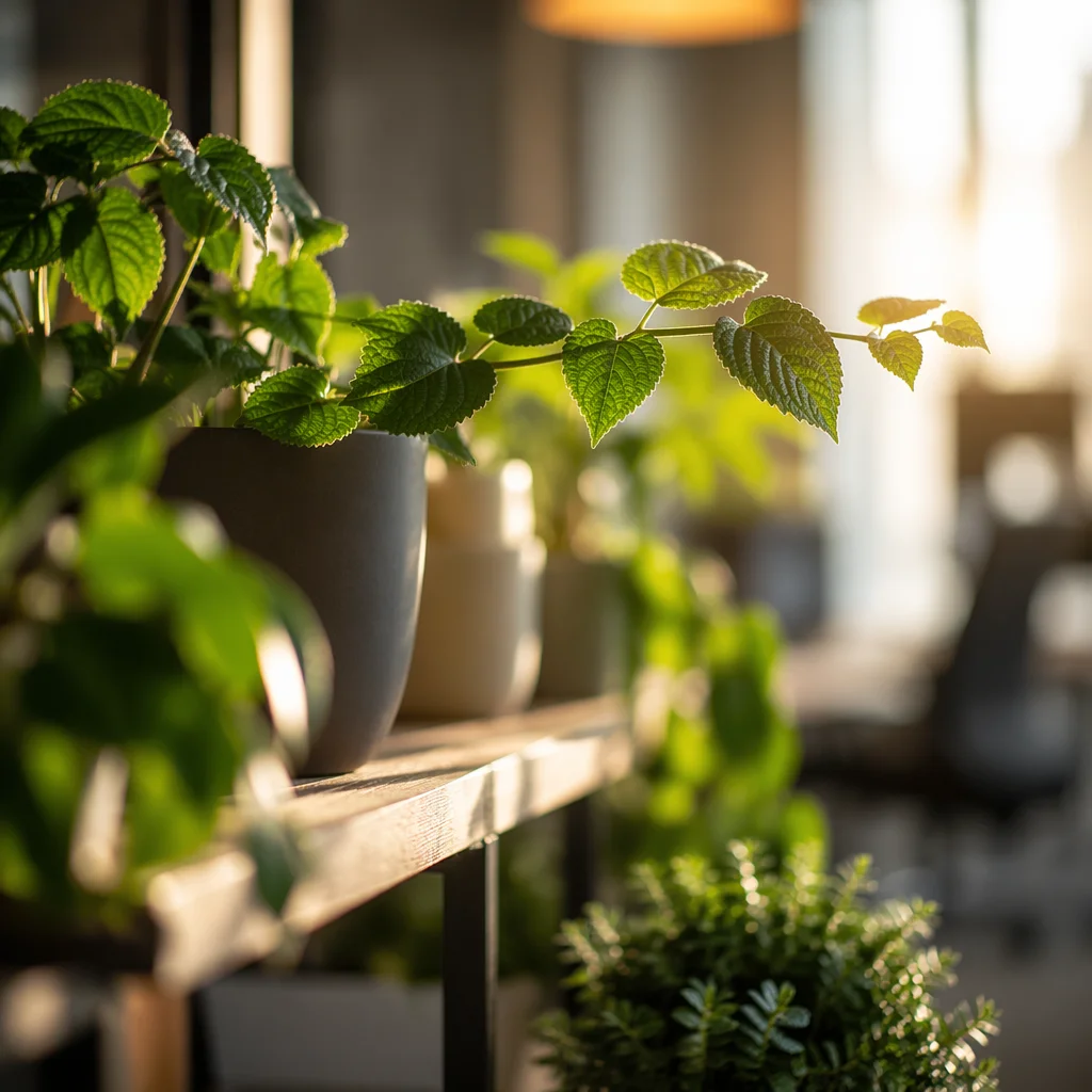 Warm Sunlit Office Plants on Wooden Shelf