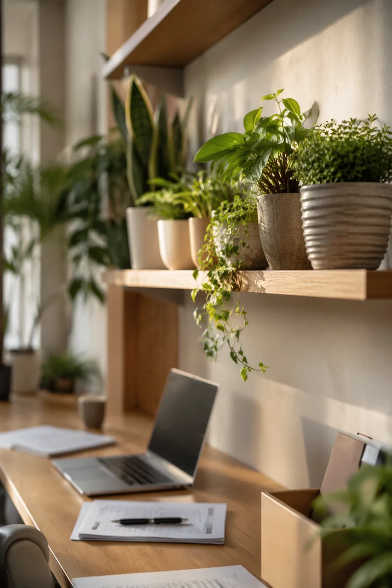 Warm Natural Light Office Plants Shelf