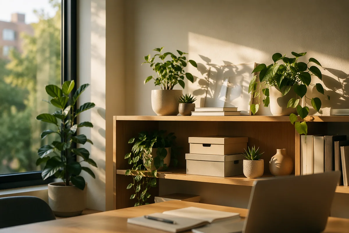 Warm Natural Light Office Plant Shelf