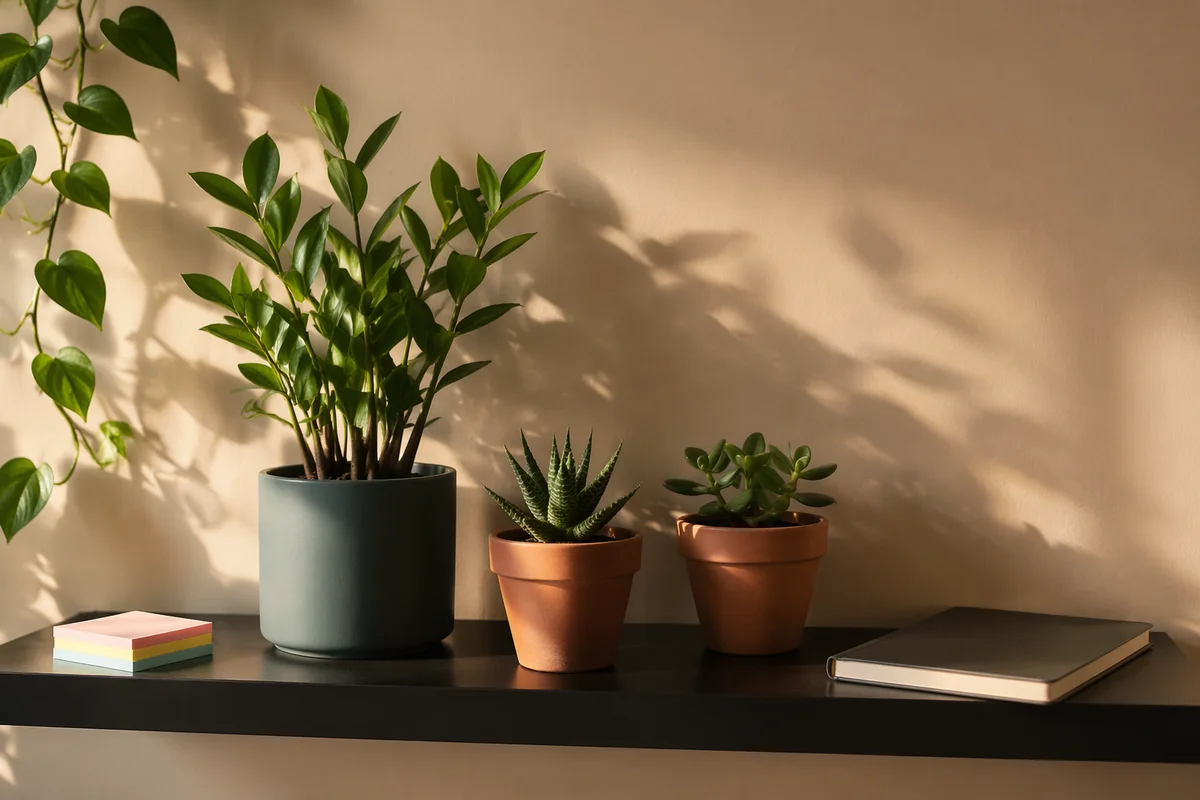 Office Plants on Shelf in Warm Light