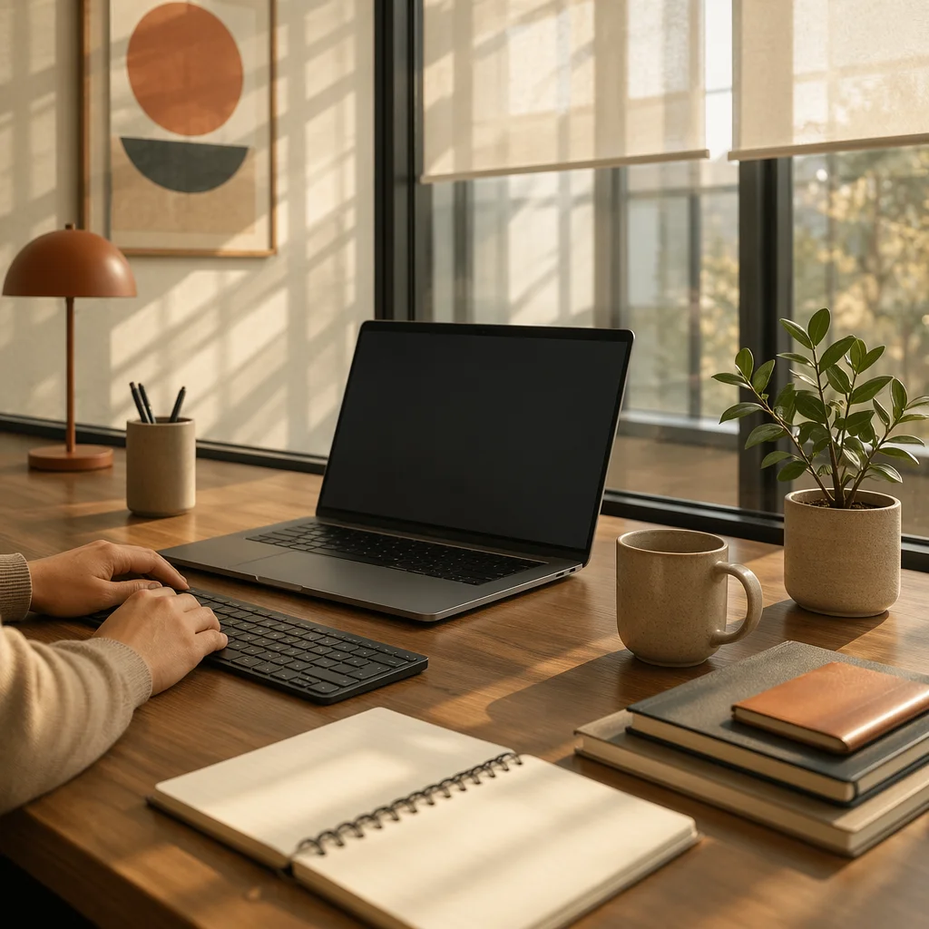 Modern Office Workspace with Laptop and Sunlight