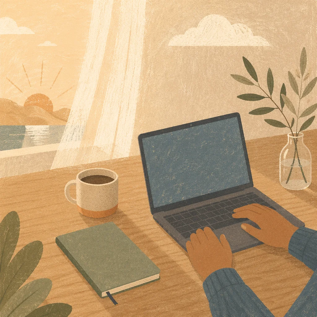 Peaceful Modern Office Desk at Sunrise